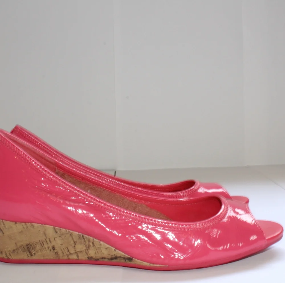 Cole Haan Pink Patent Leather Peep-Toe Wedges with Cork Heel - Picture 6 of 16